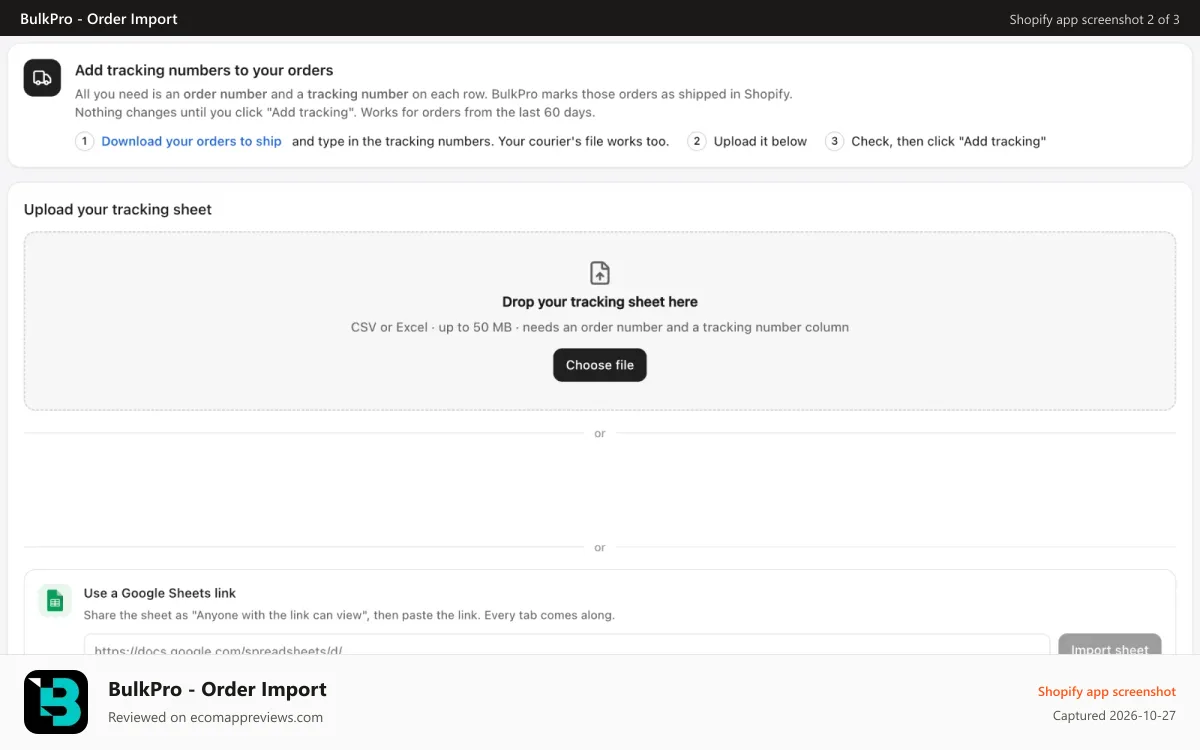 BulkPro ‑ Order Import Shopify app screenshot: Order Import and upload
