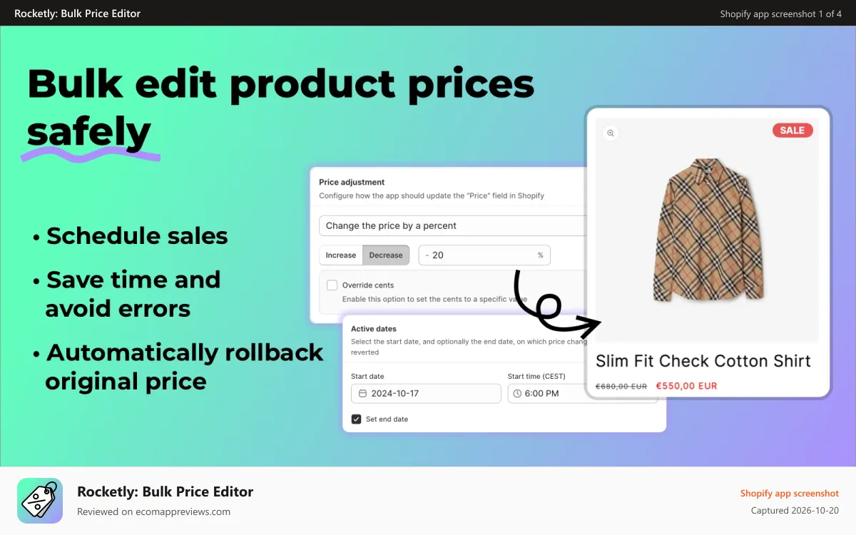 Rocketly: Bulk Price Editor Shopify app screenshot: Bulk edit product prices safely