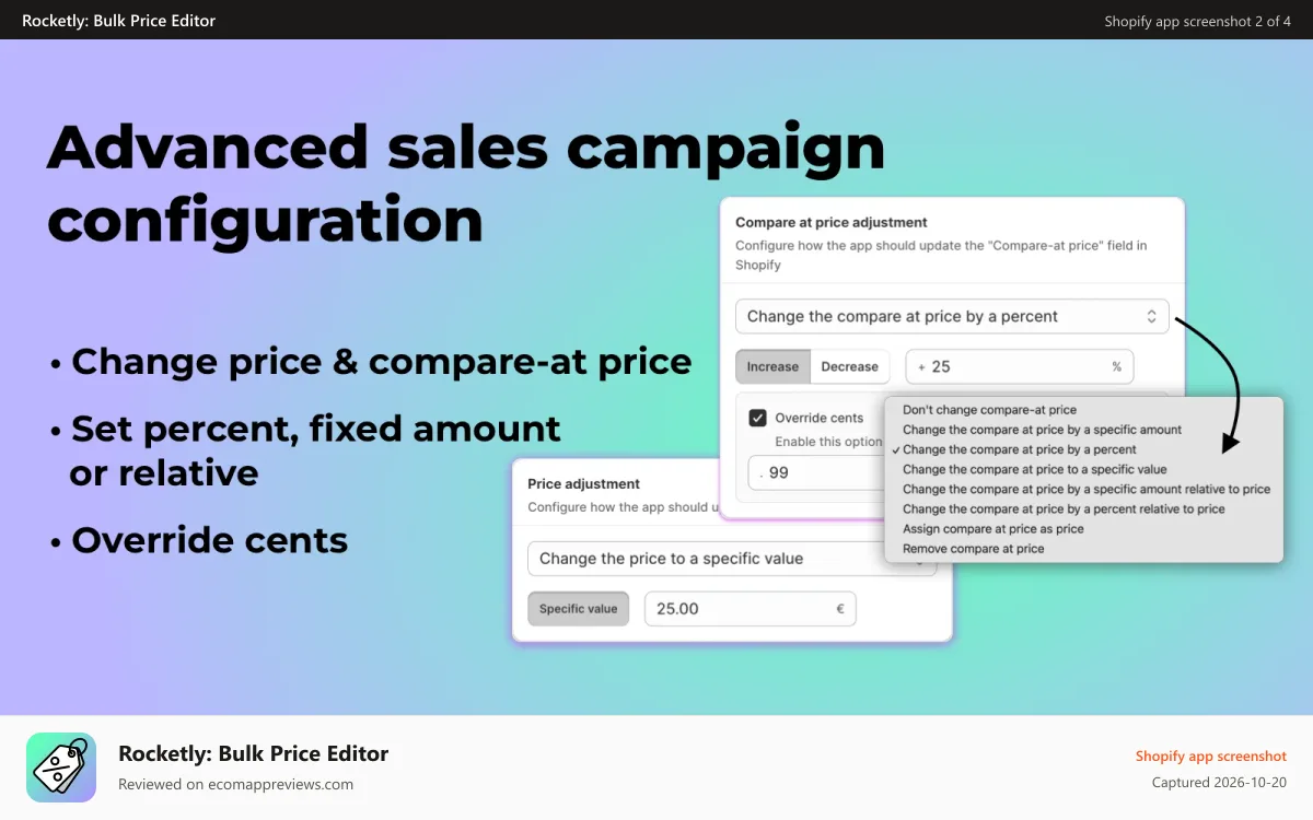 Rocketly: Bulk Price Editor Shopify app screenshot: Advanced sales campaign configuration