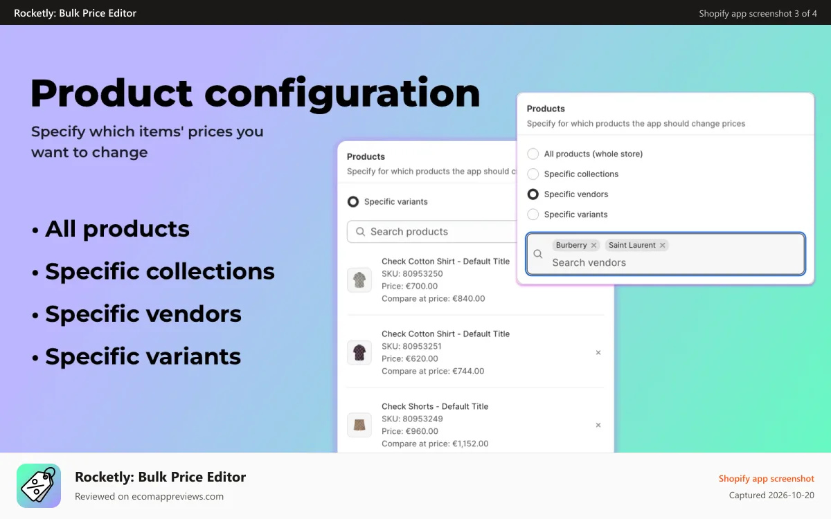 Rocketly: Bulk Price Editor Shopify app screenshot: Product configuration