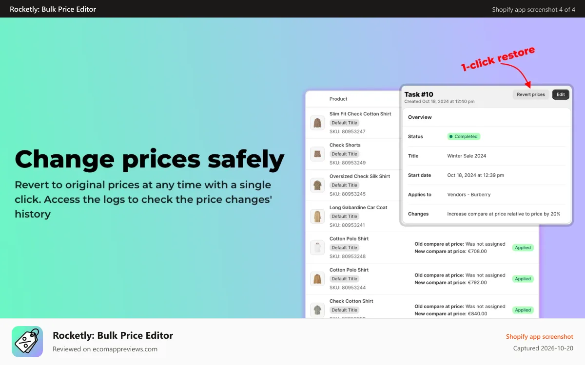 Rocketly: Bulk Price Editor Shopify app screenshot: Change prices safely