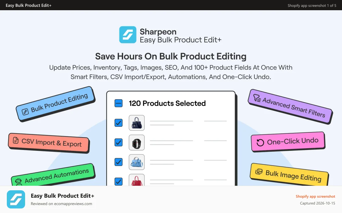 Easy Bulk Product Edit+ Shopify app screenshot: Save hours on bulk product editing with smart filters