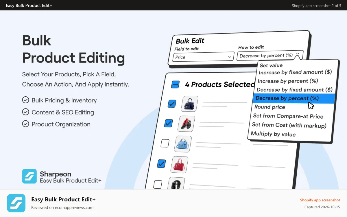 Easy Bulk Product Edit+ Shopify app screenshot: Bulk product editing dashboard with field, action, preview