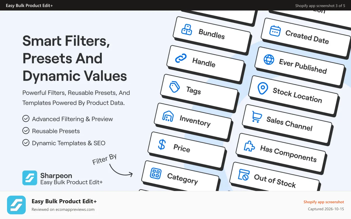 Easy Bulk Product Edit+ Shopify app screenshot: CSV and Excel import, export with validation and tracking
