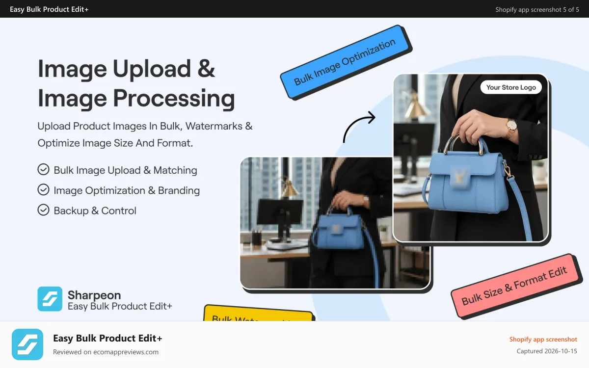 Easy Bulk Product Edit+ Shopify app screenshot: Smart filters, reusable presets and dynamic value templates