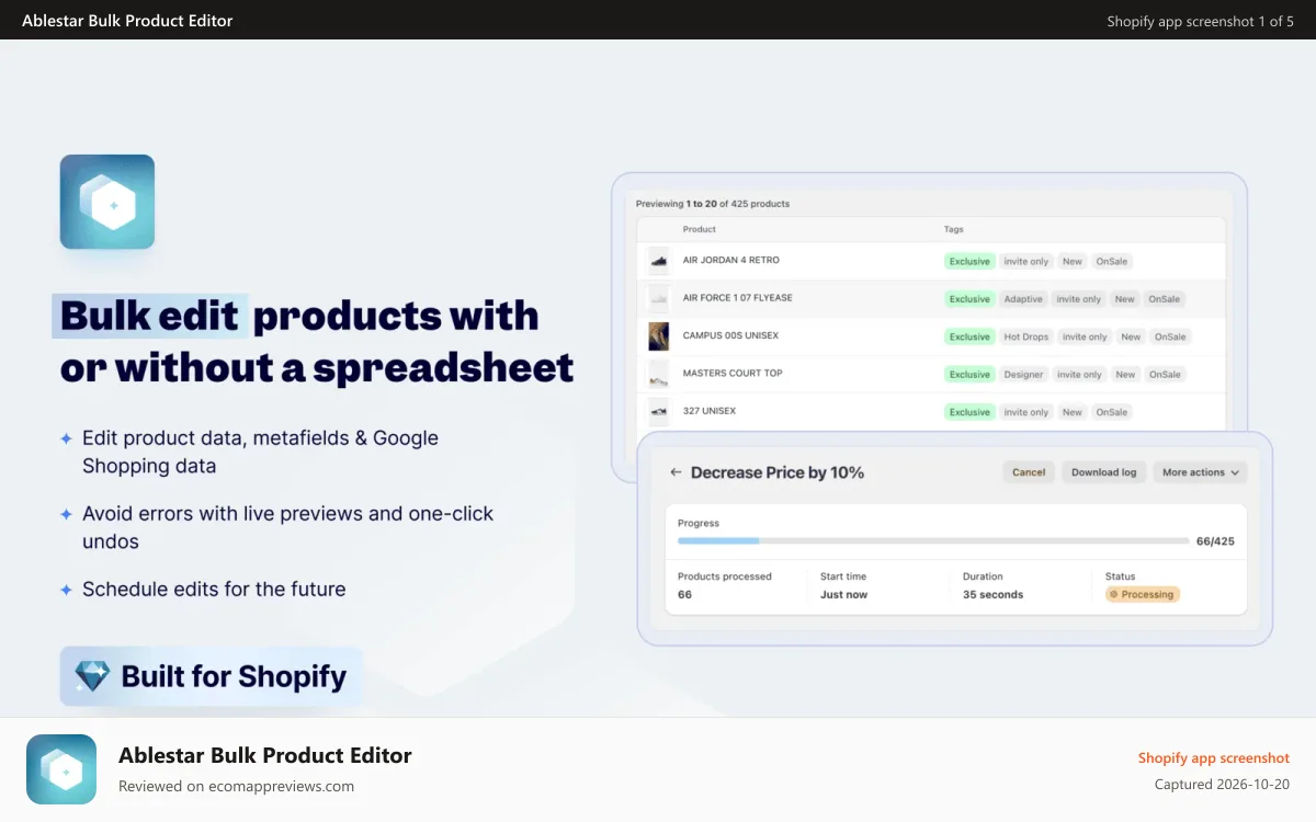 Ablestar Bulk Product Editor Shopify app screenshot: Shopify bulk editor for products in-app or with a spreadsheet