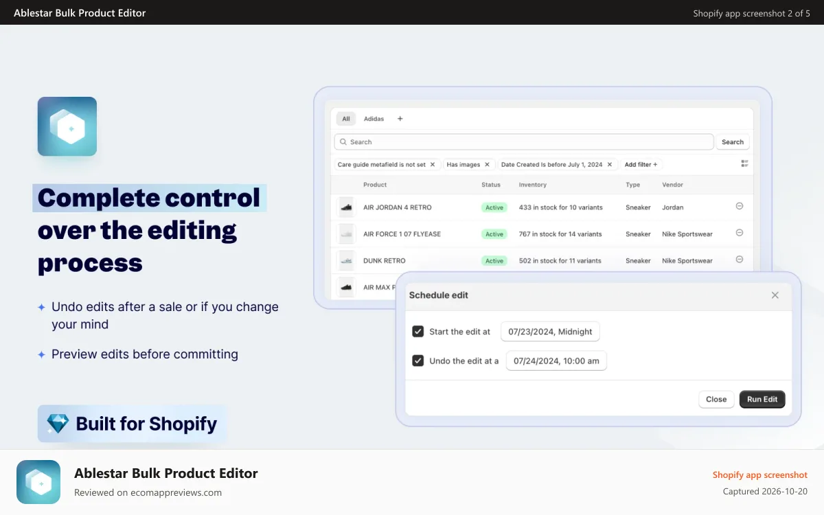 Ablestar Bulk Product Editor Shopify app screenshot: Undo bulk edits safely