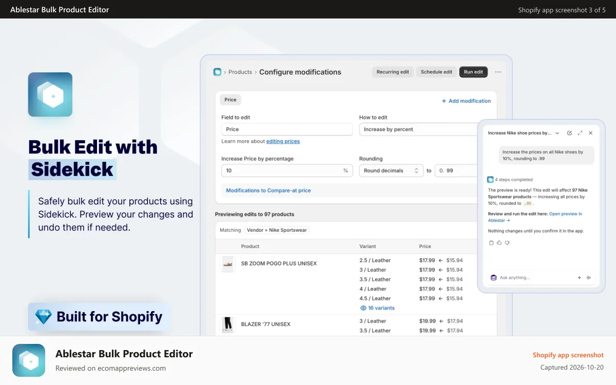 Ablestar Bulk Product Editor Shopify app screenshot: Safely bulk edit your products with Sidekick