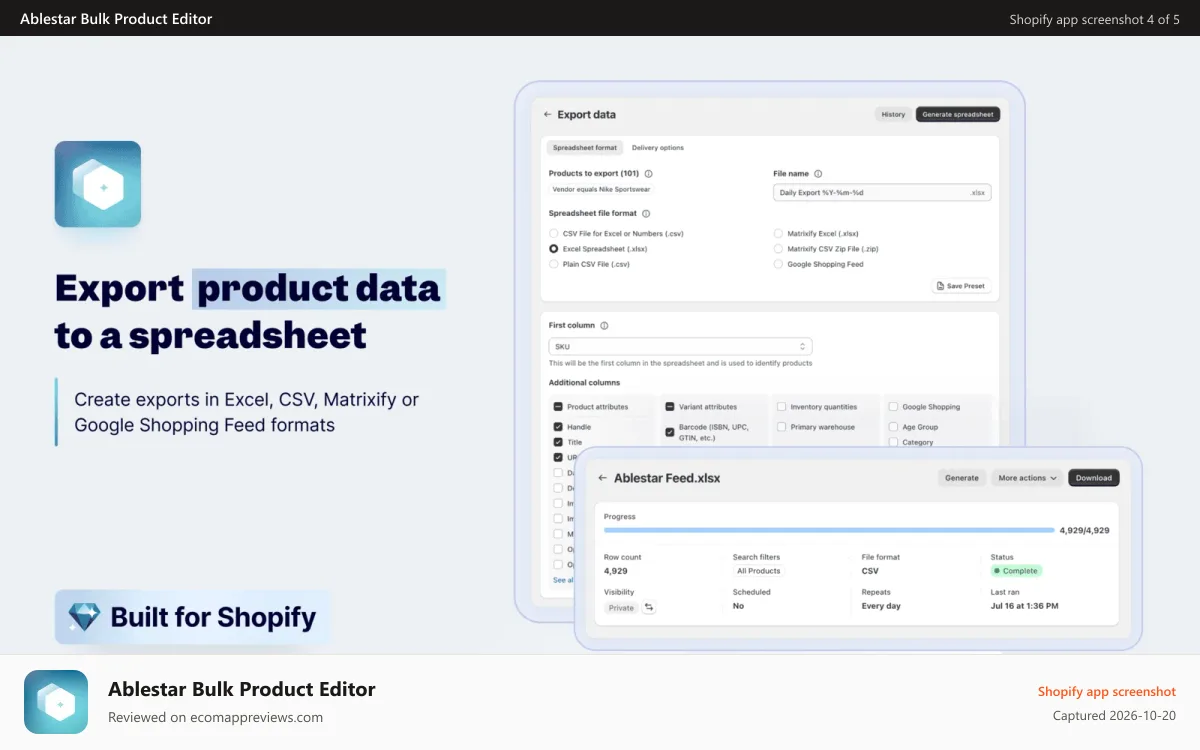 Ablestar Bulk Product Editor Shopify app screenshot: Bulk edit your products using Matrixify spreadsheet formats