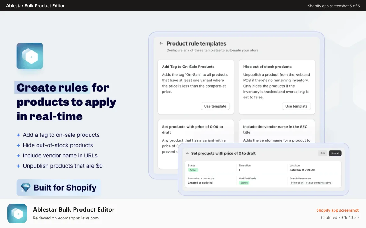 Ablestar Bulk Product Editor Shopify app screenshot: Enforce bulk edit rules on your products in real-time