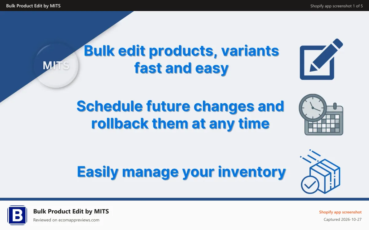 Bulk Product Edit by MITS Shopify app screenshot: Bulk edit products, variants fast and easy