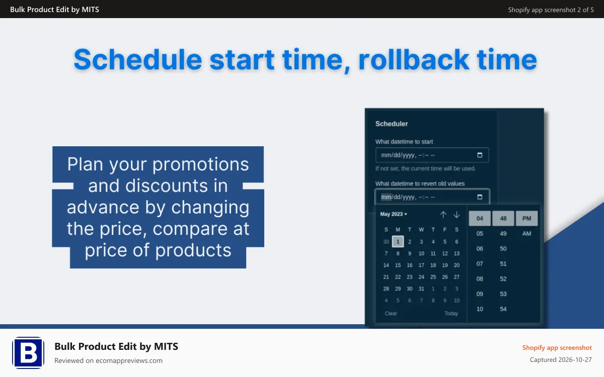 Bulk Product Edit by MITS Shopify app screenshot: Schedule prices with start time, rollback time