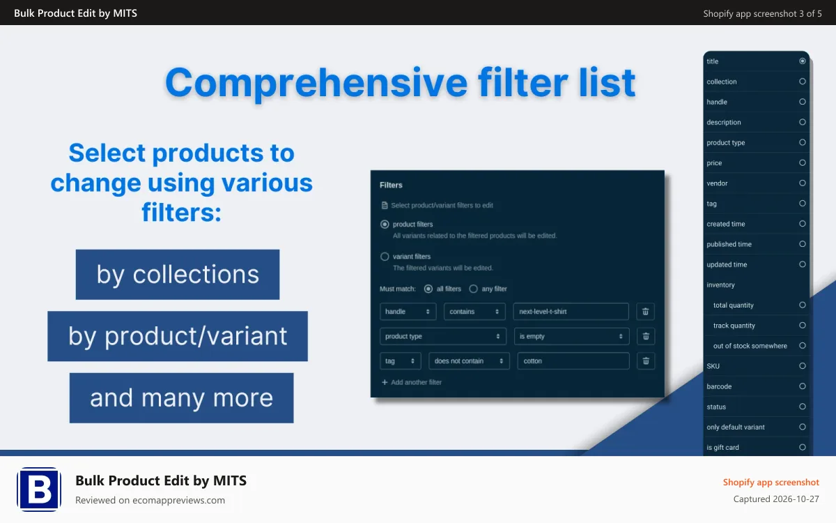 Bulk Product Edit by MITS Shopify app screenshot: Product filter list