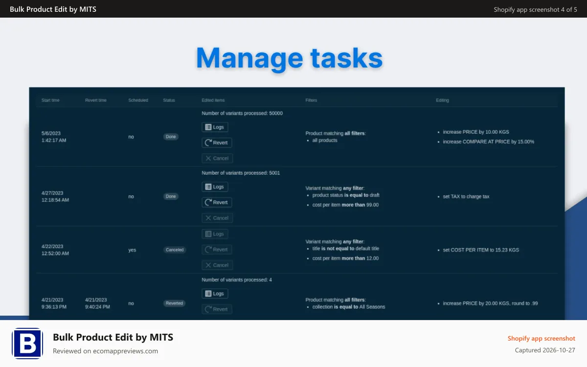 Bulk Product Edit by MITS Shopify app screenshot: Product manager by tasks