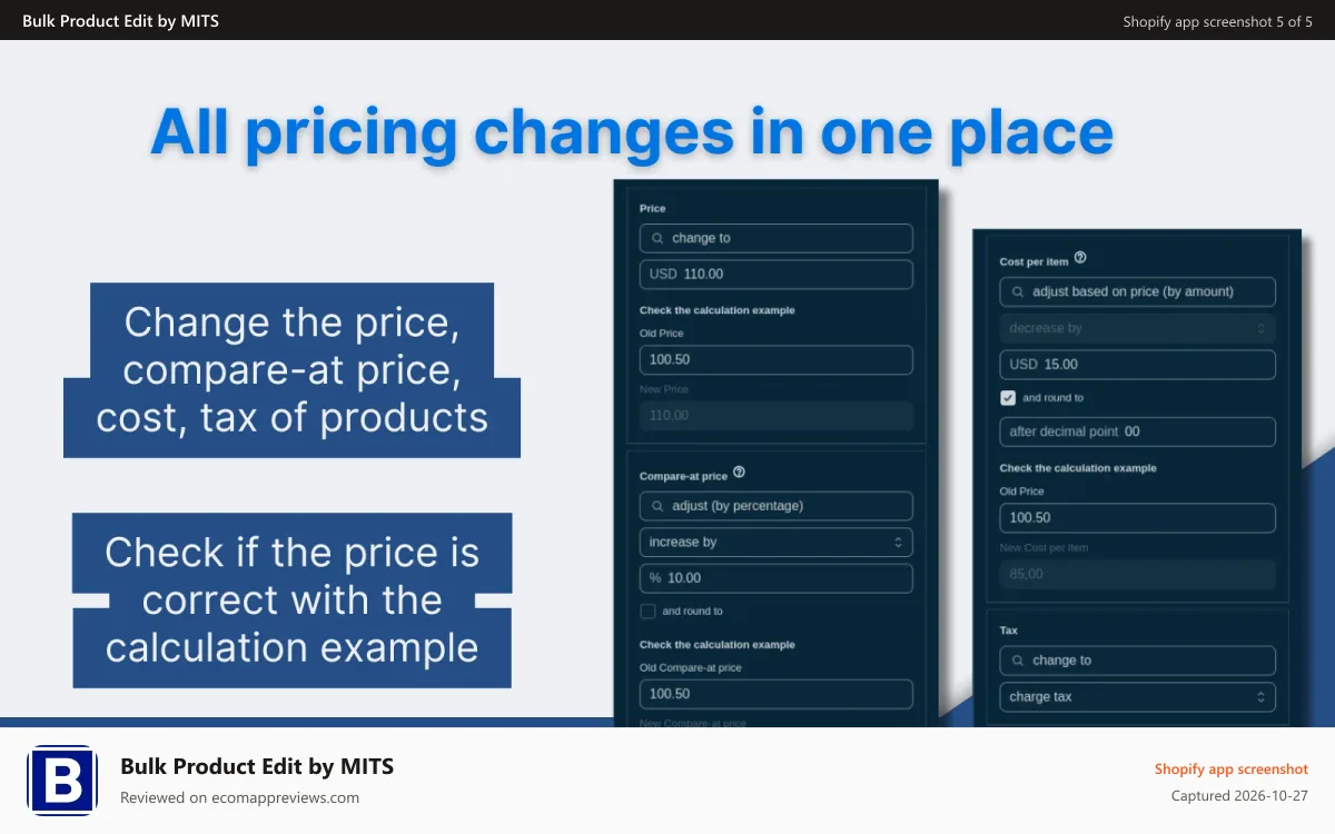 Bulk Product Edit by MITS Shopify app screenshot: All pricing changes in one place