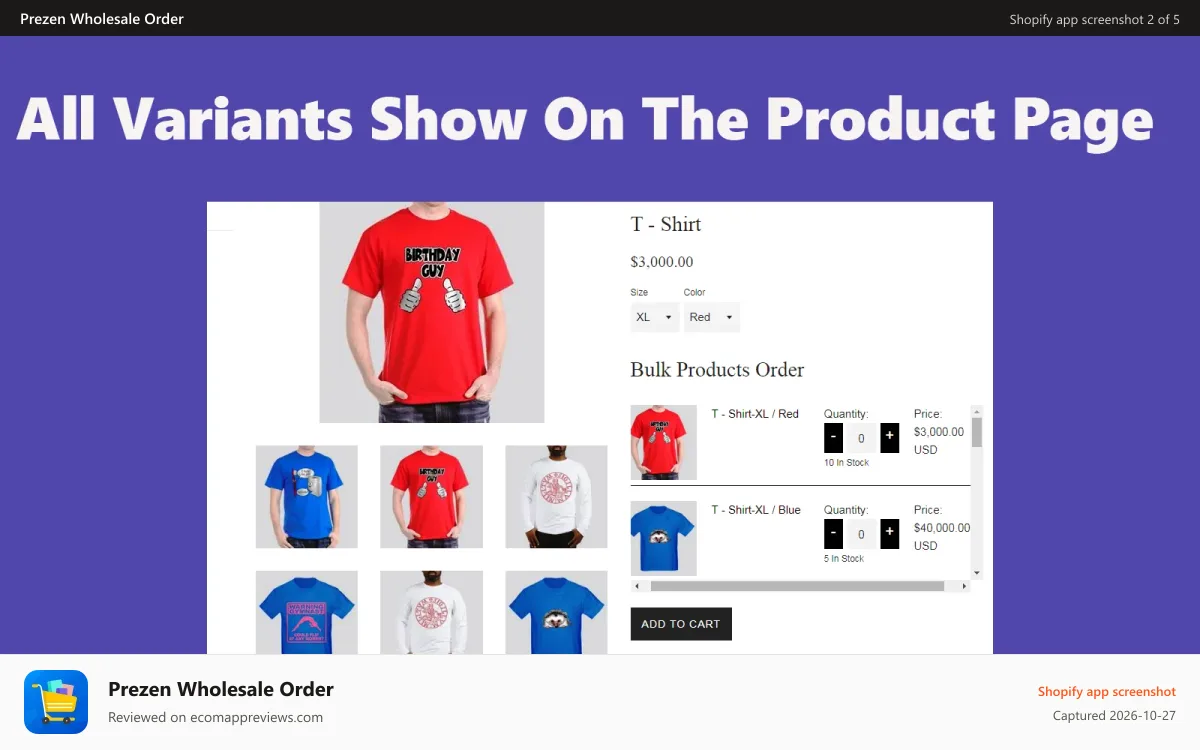 Prezen Wholesale Order Shopify app screenshot: Variants list on single page.