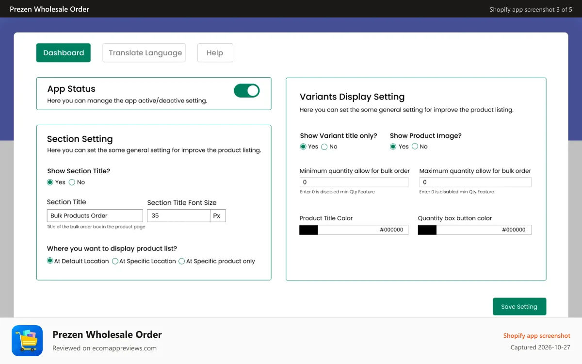 Prezen Wholesale Order Shopify app screenshot: App settings dashboard
