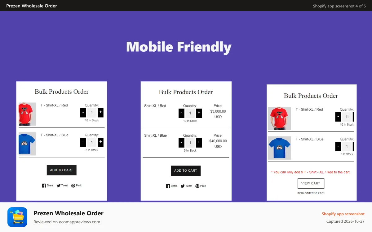 Prezen Wholesale Order Shopify app screenshot: Layout with mobile version