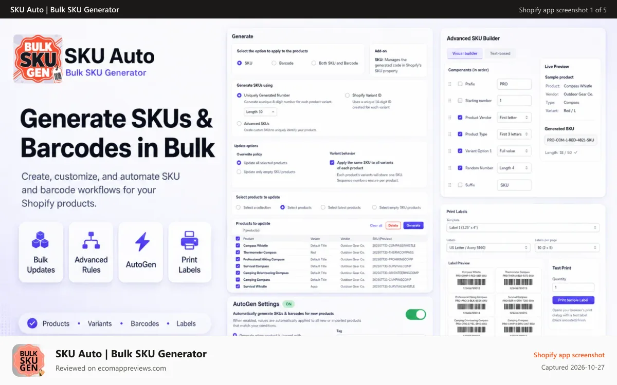 SKU Auto | Bulk SKU Generator Shopify app screenshot: bulk sku generator