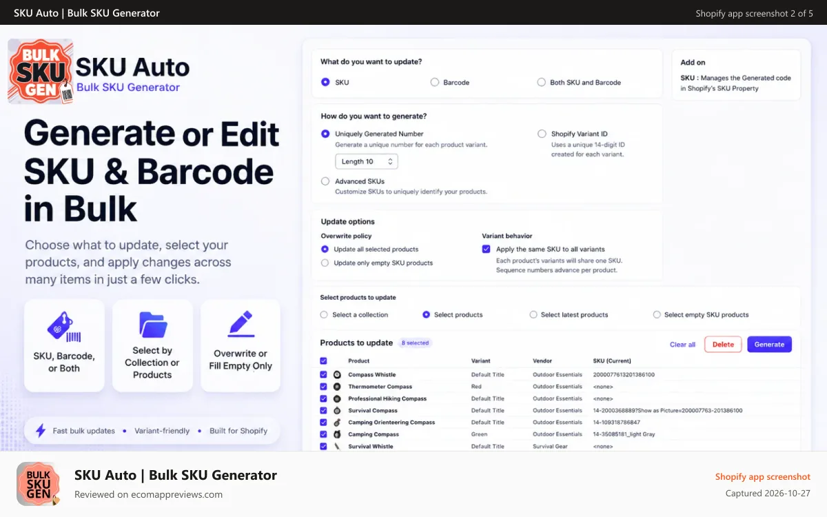 SKU Auto | Bulk SKU Generator Shopify app screenshot: generate barcode sku