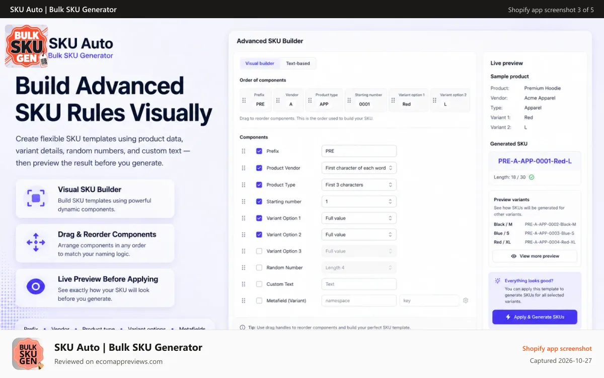 SKU Auto | Bulk SKU Generator Shopify app screenshot: custom sku template