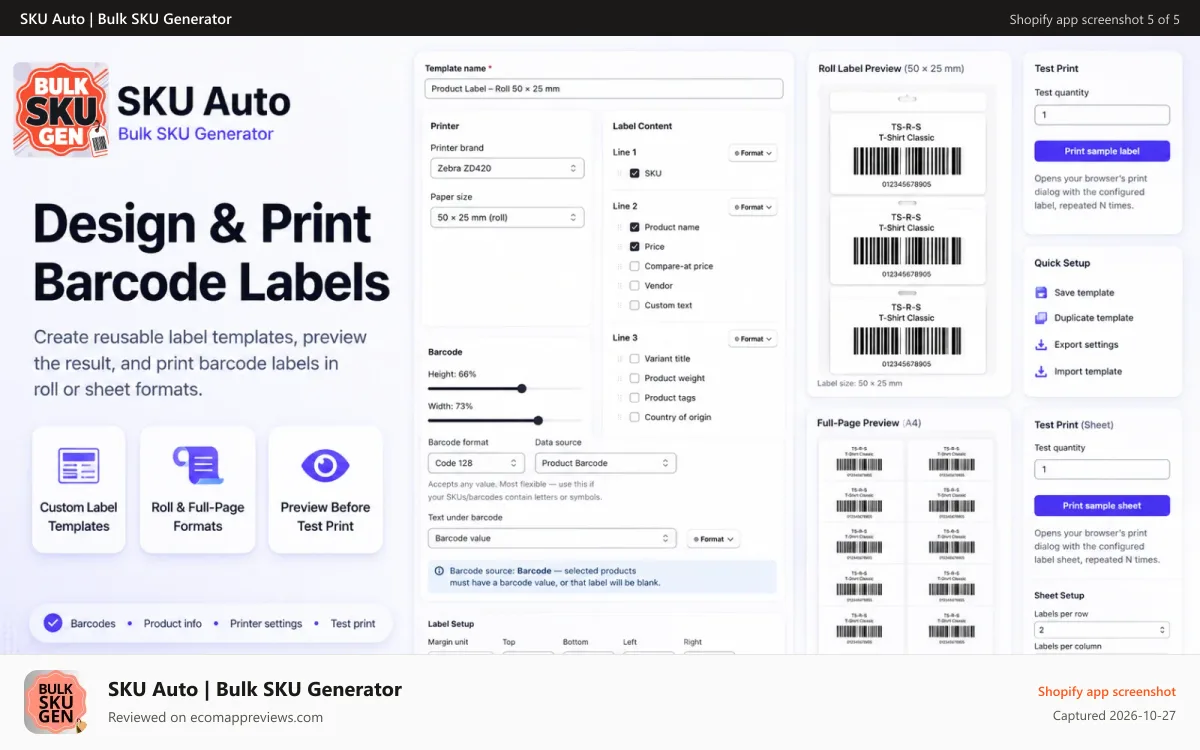 SKU Auto | Bulk SKU Generator Shopify app screenshot: print bar code