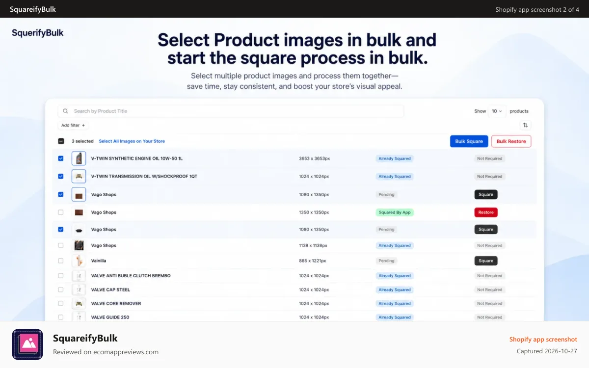SquareifyBulk Shopify app screenshot: Product Image listing