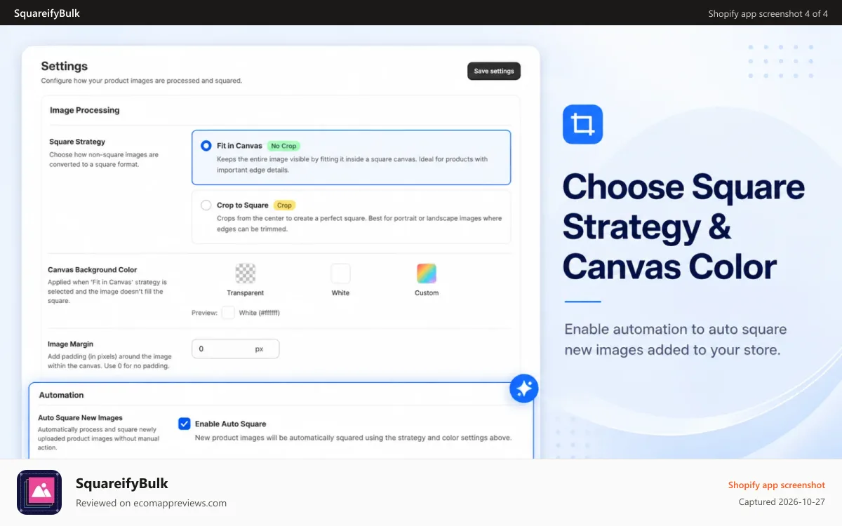 SquareifyBulk Shopify app screenshot: Settings