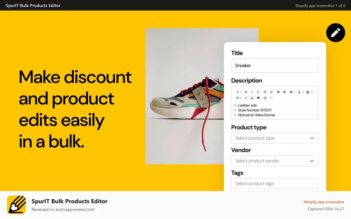 SpurIT Bulk Products Editor Shopify app screenshot: Bulk Products Editor