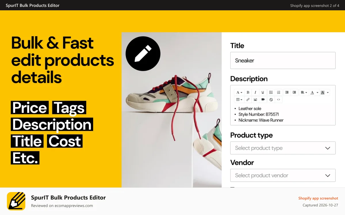 SpurIT Bulk Products Editor Shopify app screenshot: bulk editor shopify