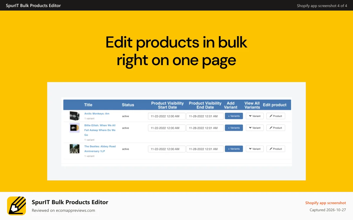 SpurIT Bulk Products Editor Shopify app screenshot: shopify product manager