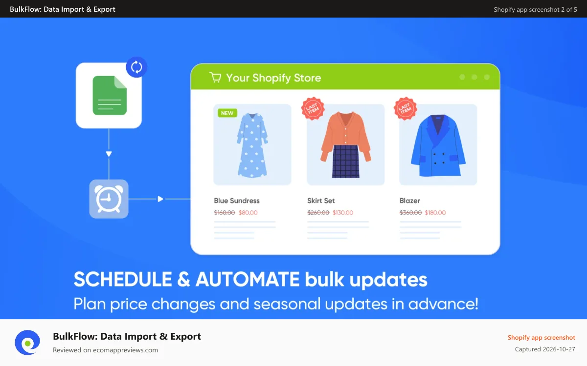 BulkFlow: Data Import & Export Shopify app screenshot: Schedule and automate bulk updates