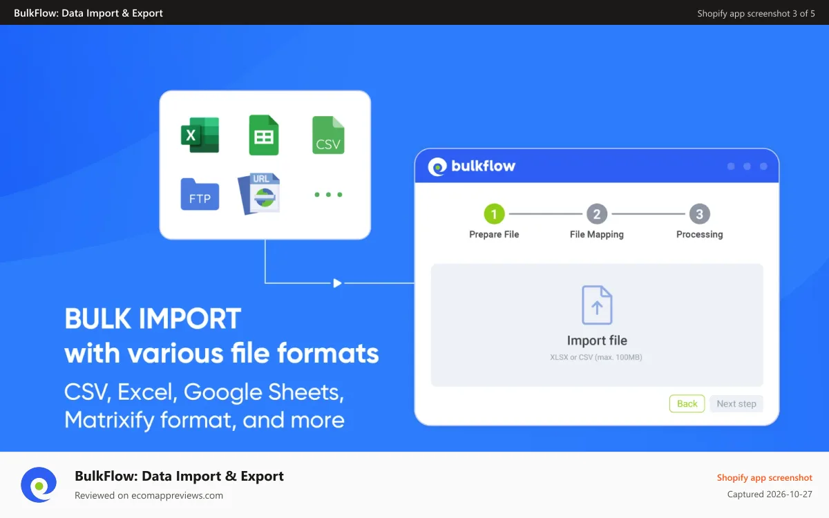 BulkFlow: Data Import & Export Shopify app screenshot: Bulk import with various file format