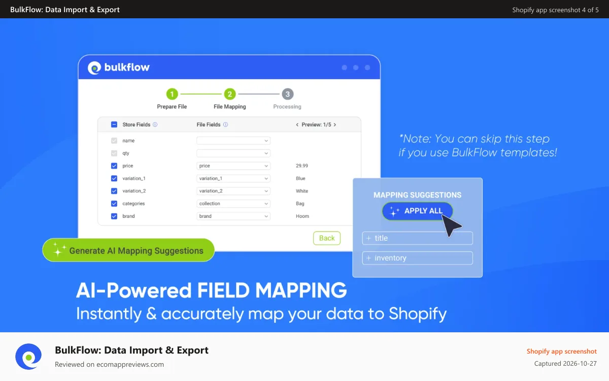 BulkFlow: Data Import & Export Shopify app screenshot: AI-powered field mapping