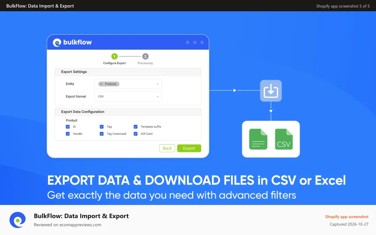 BulkFlow: Data Import & Export Shopify app screenshot: export data and download files in CSV or Excel