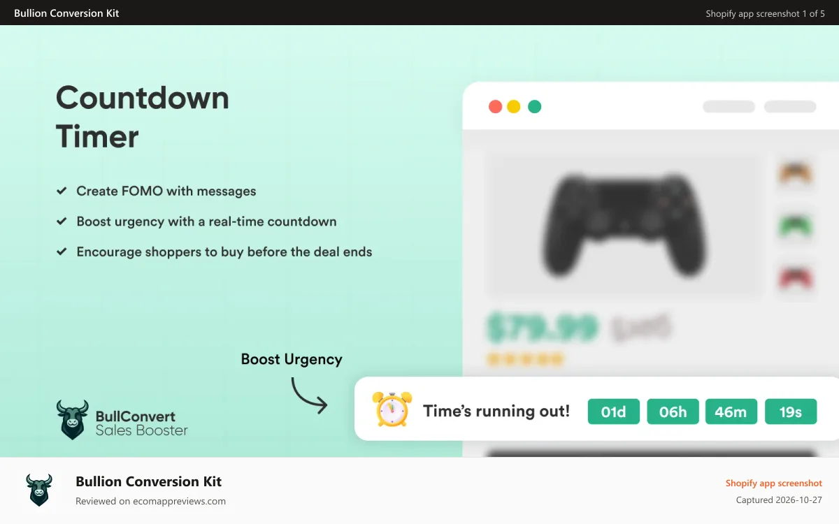 Bullion Conversion Kit Shopify app screenshot: Create FOMO with Flash Sales Campaign Countdown Timer