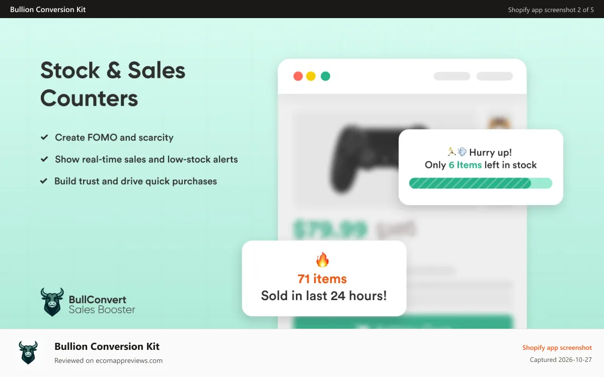 Bullion Conversion Kit Shopify app screenshot: Real time Sold Counter, low stock Alert, stock countdown