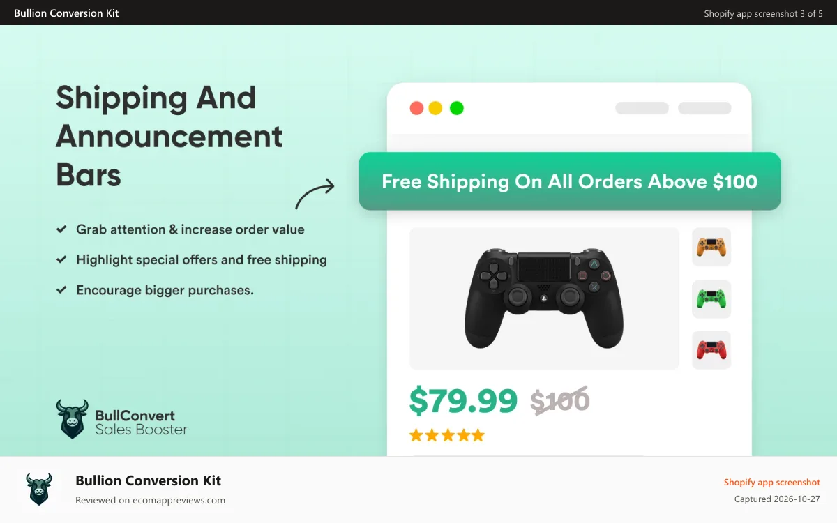 Bullion Conversion Kit Shopify app screenshot: Free Shipping Bar, Promotion and Announcement Bar