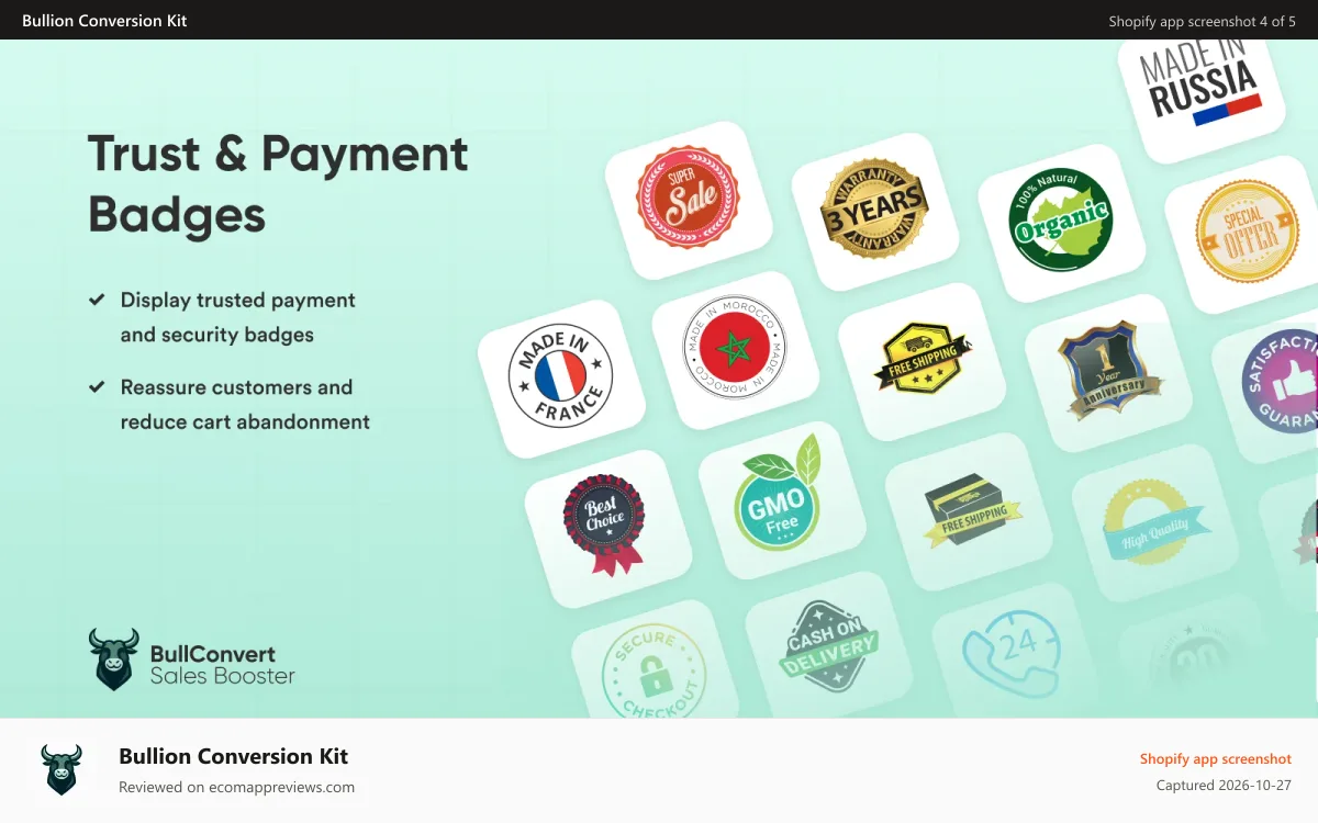 Bullion Conversion Kit Shopify app screenshot: Payment Badges, Trust Badges, Icons & Banner