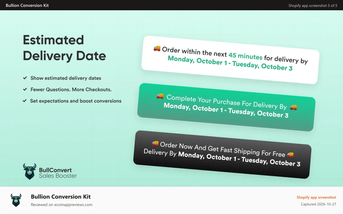 Bullion Conversion Kit Shopify app screenshot: Estimated Delivery Date Timer, Get-it-by timer, Shipping Timer