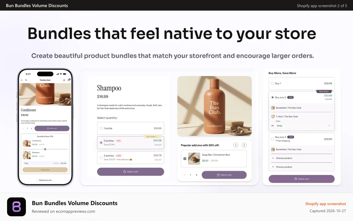 Bun Bundles Volume Discounts Shopify app screenshot: Volume Discounts, Add ons, Fixed bundle, Mix and Match visuals