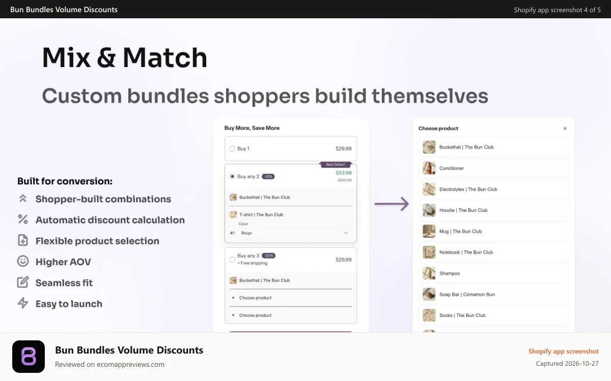 Bun Bundles Volume Discounts Shopify app screenshot: Mix and match bundle