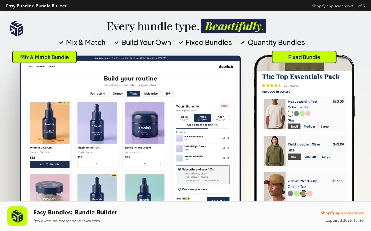 Easy Bundles: Bundle Builder Shopify app screenshot: Every bundle type on one app, shown beautifully on storefronts