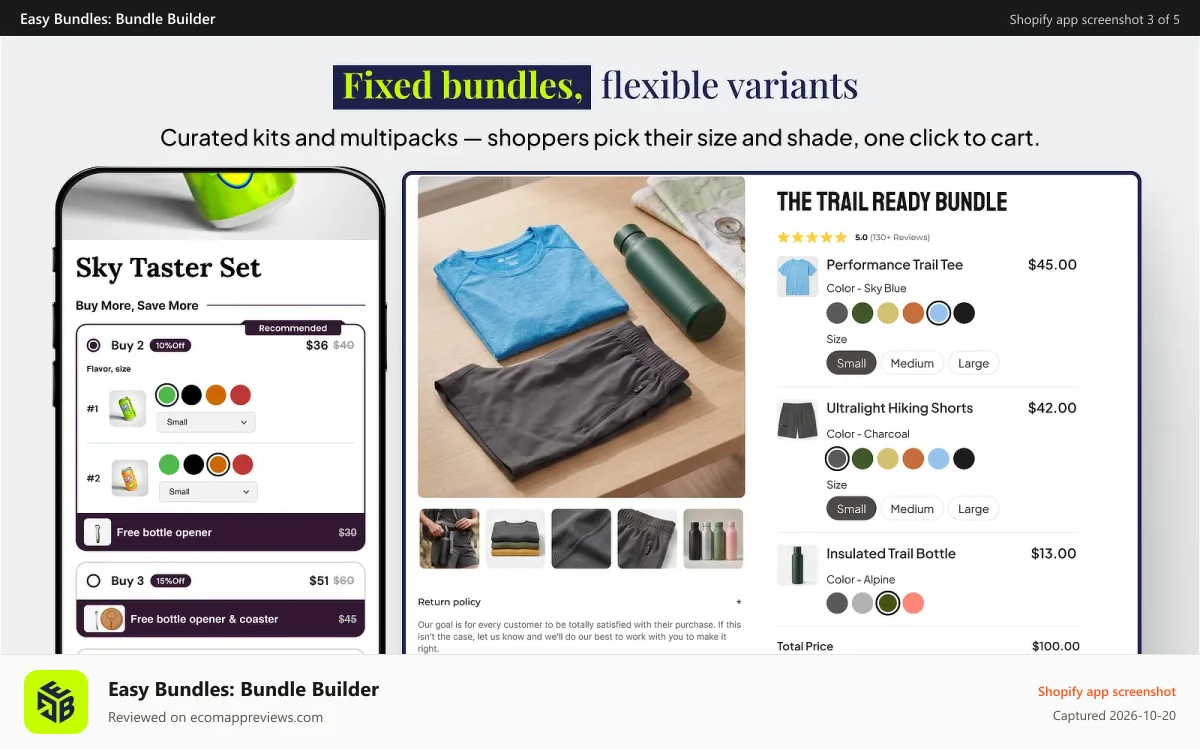 Easy Bundles: Bundle Builder Shopify app screenshot: Product bundles where shoppers pick size & shade before checkout