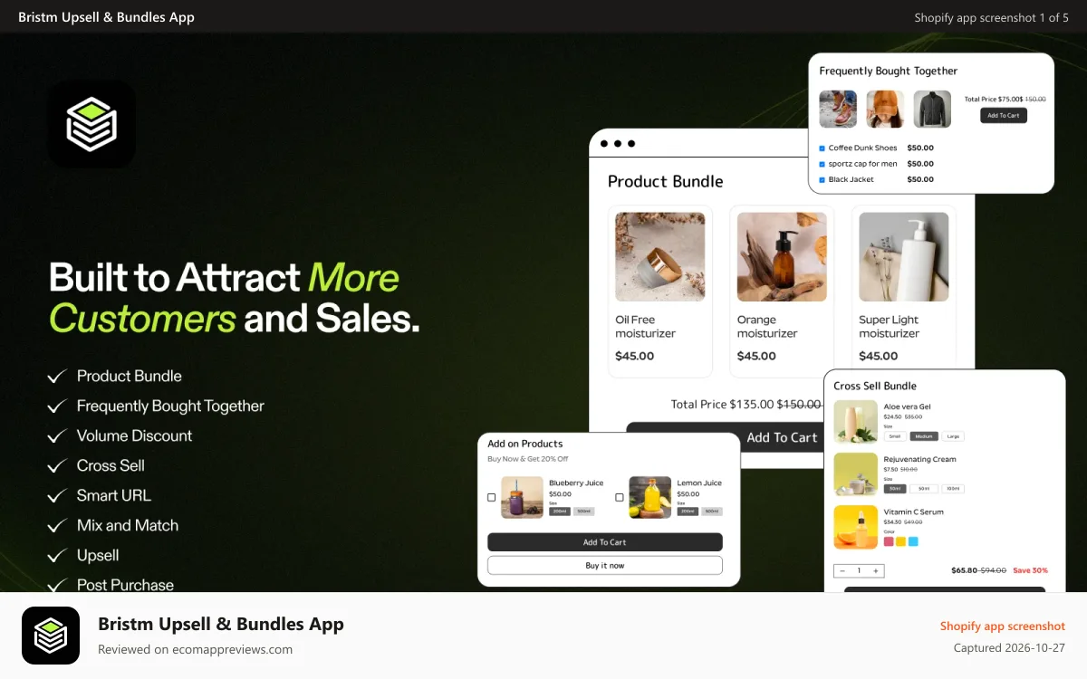 Bristm Upsell & Bundles App Shopify app screenshot: Shopify bundles, Upsells & BOGO app to boost AOV and sales.