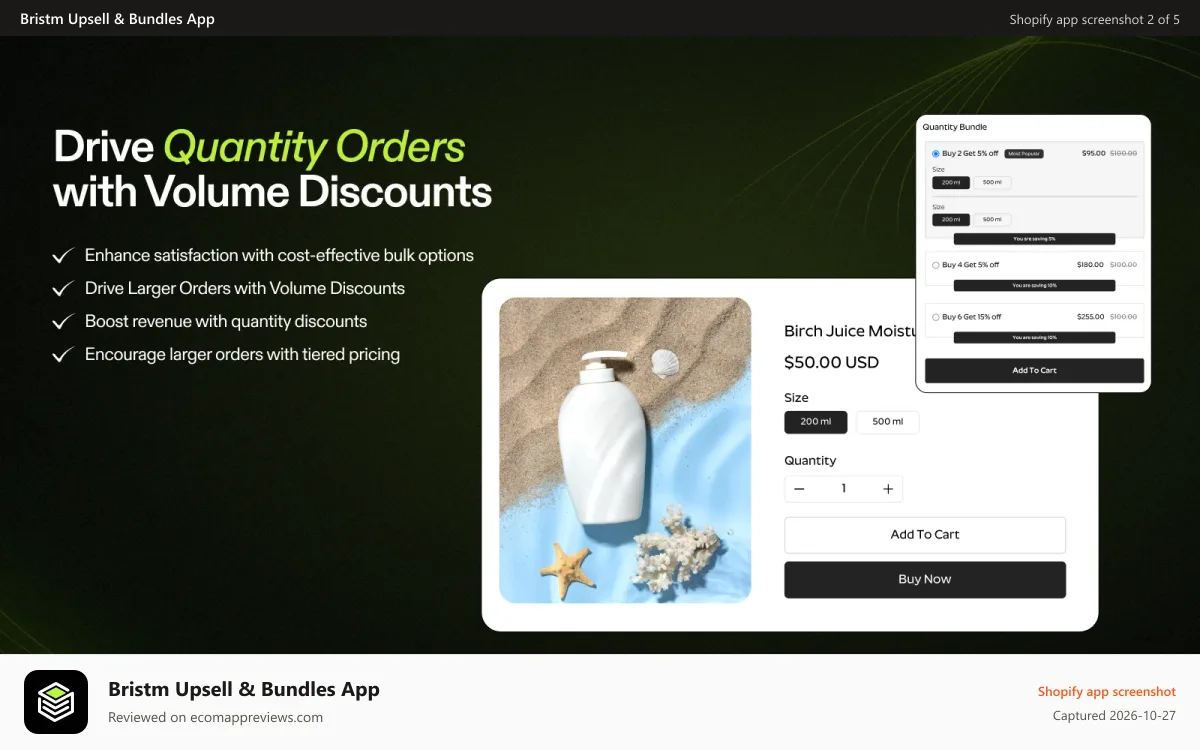 Bristm Upsell & Bundles App Shopify app screenshot: Drive larger order with volume discounts on your Shopify store.