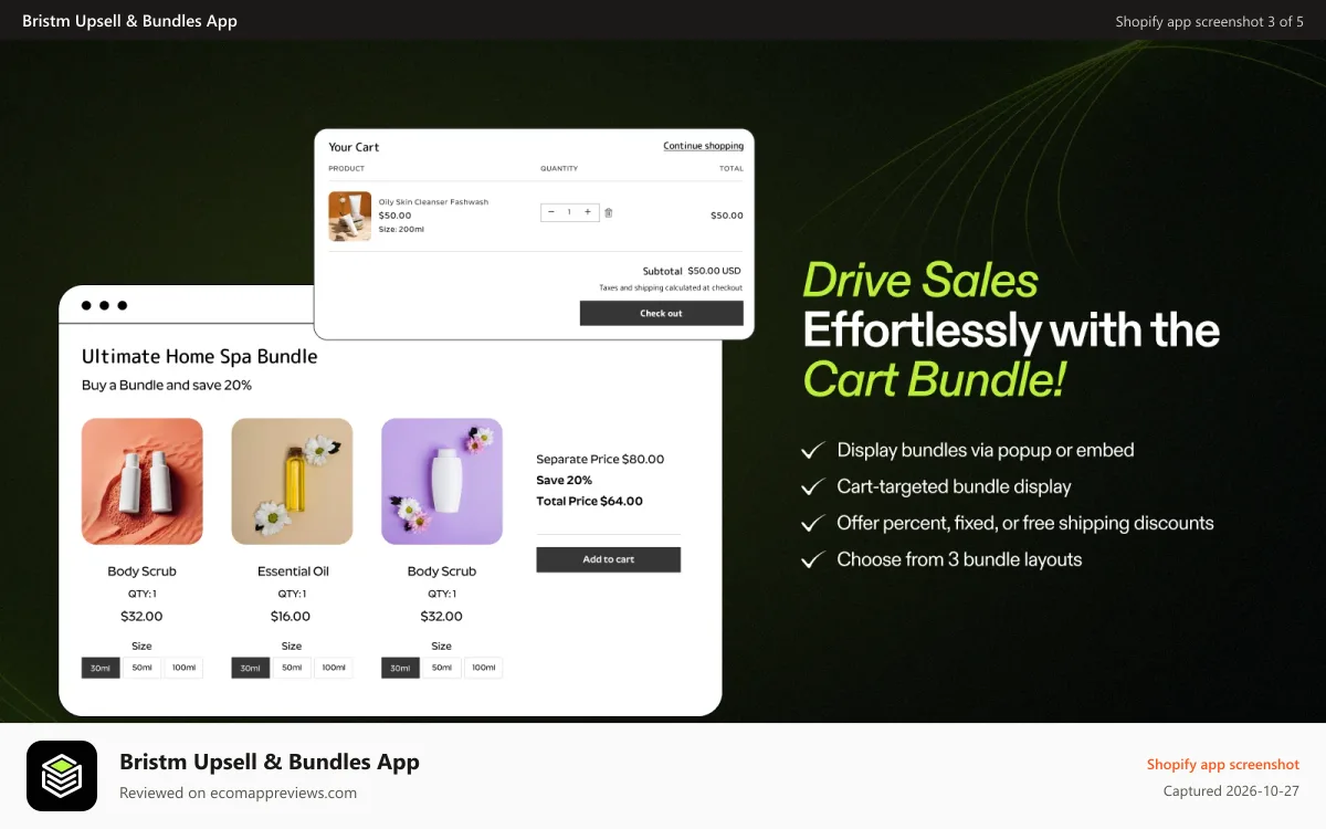 Bristm Upsell & Bundles App Shopify app screenshot: Boost sales effortlessly with product & cart bundles on Shopify
