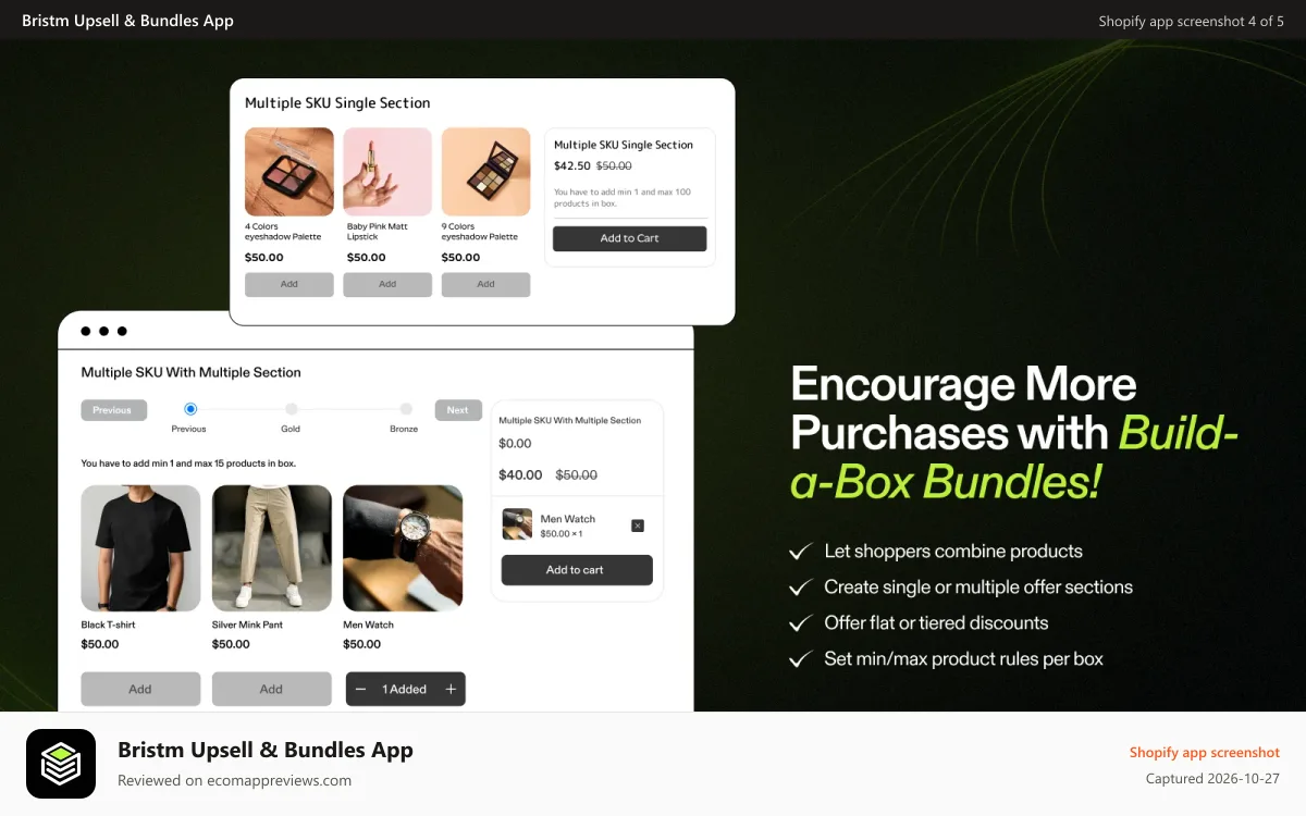 Bristm Upsell & Bundles App Shopify app screenshot: Encourage more purchases with mix-and-match bundle offers