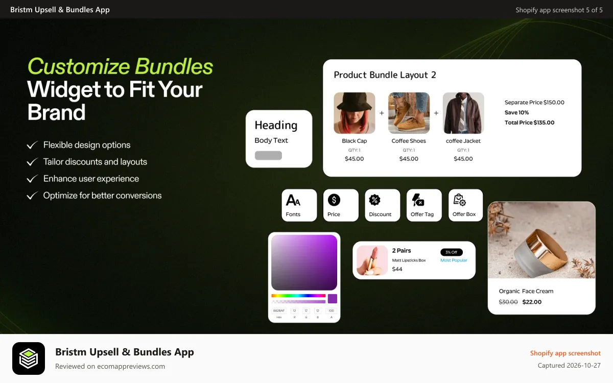 Bristm Upsell & Bundles App Shopify app screenshot: Customize the bundles widget to fit your Shopify theme
