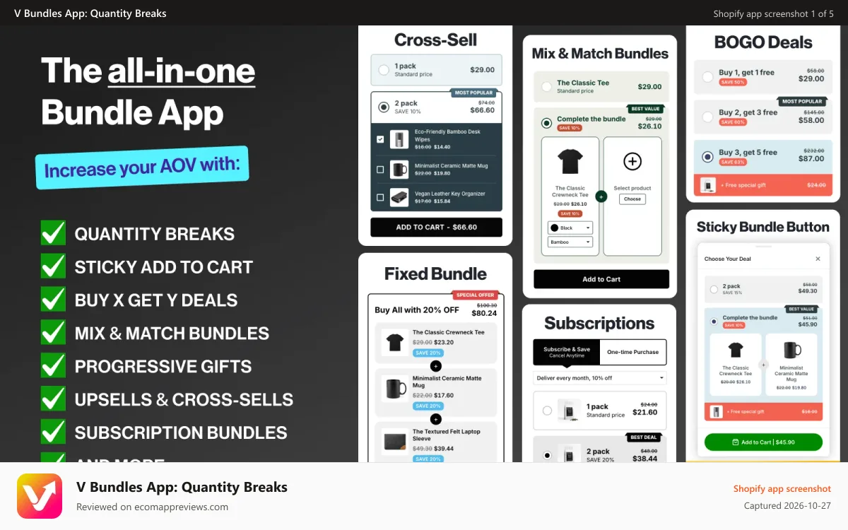 V Bundles App: Quantity Breaks Shopify app screenshot: Quantity breaks, free gifts, and subscription bundle widgets